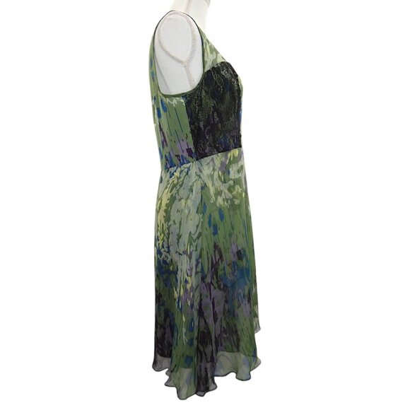 Vessel by Timo  Flowy 100% Silk Green Abstract Print Lace Inset Dress Size 12 - Picture 8 of 12